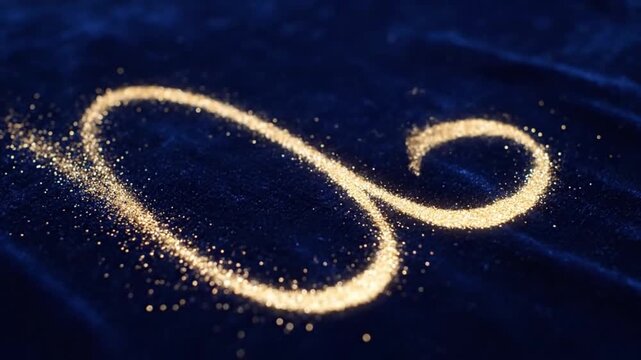 Golden dust swirling in an infinity symbol pattern on a dark blue velvet surface, captured in a close-up shot from directly above.