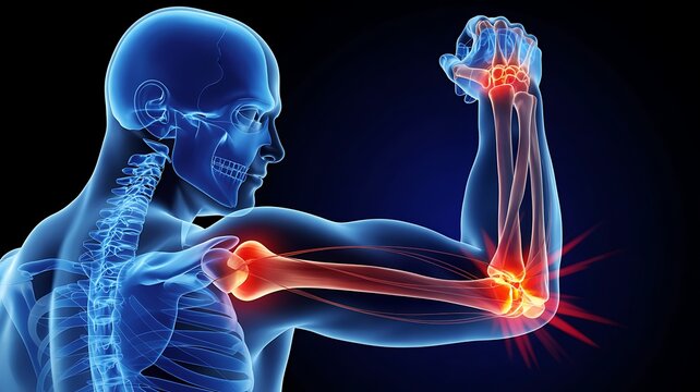 Human skeleton with highlighted elbow and wrist joints, blue transparent body