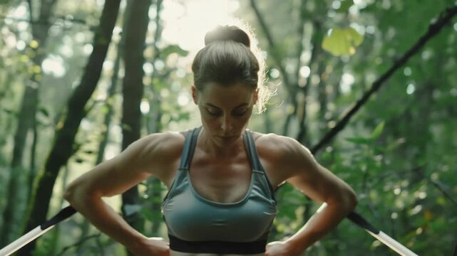 Athletic woman wearing a sports bra and tank top, flexing her biceps in the forest with sunlight filtering through the leaves above.