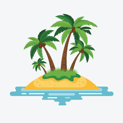 A vibrant illustration depicts a tropical island with palm trees a golden sun and blue water © Print Prodigy