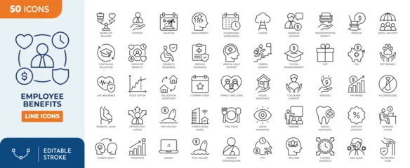 Fotobehang Restaurant Employee Benefits icon set. Containing health insurance, pension, reward, bonus, social security, mental, motivation, opportunity, paid vacation, and more. Editable stroke. Vector illustration  © Cetacons