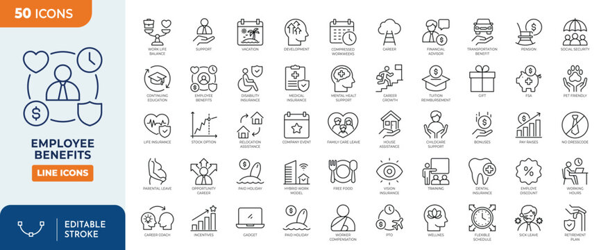 Employee Benefits icon set. Containing health insurance, pension, reward, bonus, social security, mental, motivation, opportunity, paid vacation, and more. Editable stroke. Vector illustration