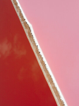 Aerial view of pink and red salt lake, Western Australia