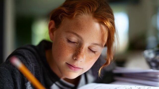 A thoughtful young girl with freckles, engaged in drawing or writing, showcasing concentration and creativity in a cozy academic environment at home.
