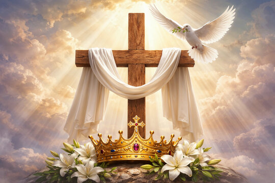 Symbolic Christian artwork of the Holy Trinity with the cross, white dove, and crown representing the Father, Son, and Holy Spirit
