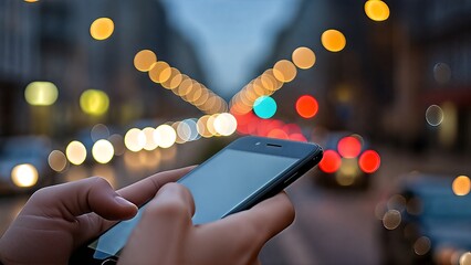 Hands Holding Smartphone with Blurred City Lights at Night.