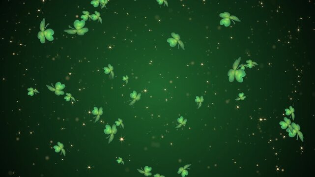 abstract green background with falling  shamrock leaf and glittering stars