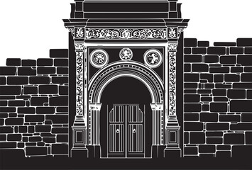 Ancient stone portal silhouette with ornate carvings and arched wooden door vector design