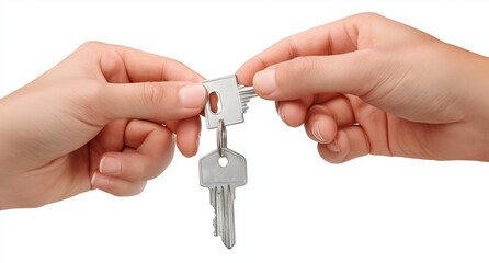 a hand handing over a house key to another hand, isolated on a transparent background, 