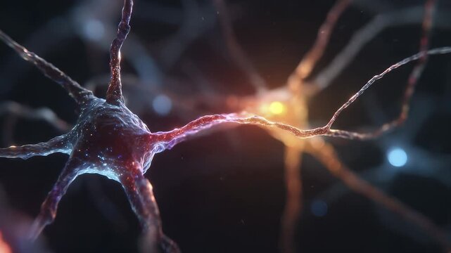 The image showcases nerve cells, highlighting their complex structure. These nerve cells interact with each other, creating a vibrant neural network.