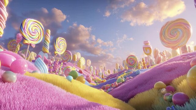 The landscape features vibrant candy trees and colorful hills filled with large lollipops. A whimsical scene showcases a sweet candy world created with varied textures and colors.