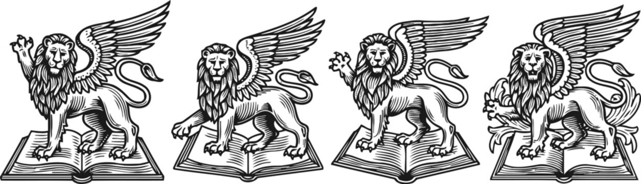Winged lion illustrations standing on open books in vintage engraving
