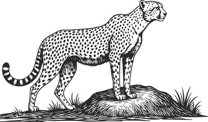 Fototapeta premium detailed black and white illustration of a cheetah standing on a grassy mound, wildlife art