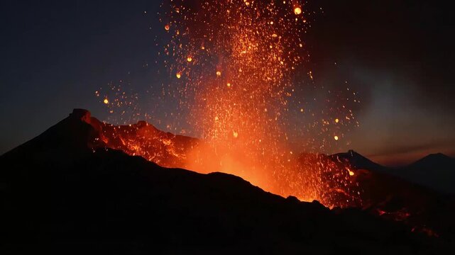 Volcanic eruption at night with lava and sparks flying through the dark sky