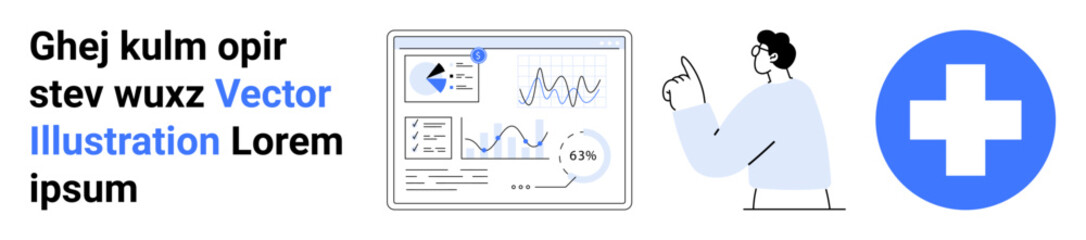 Obraz premium Data analytics, healthcare services, statistics, medical technology, modern research, professional consultation. Person gesturing at data charts next to a medical cross symbol. Data analytics