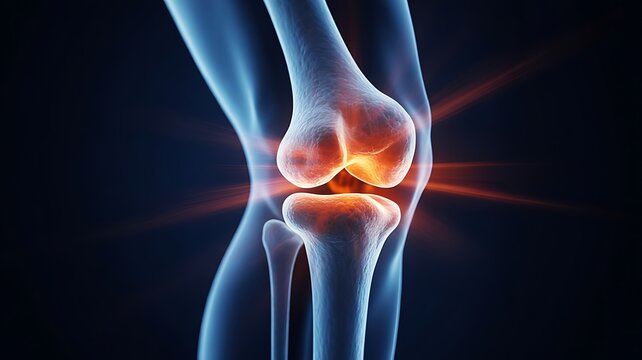 A detailed 3d rendering of a human knee joint highlighting inflammation and pain areas
