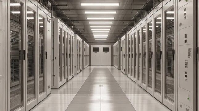 Longitudinal view of a server room with rows of computer servers and storage units on a shiny floor with a futuristic feel.