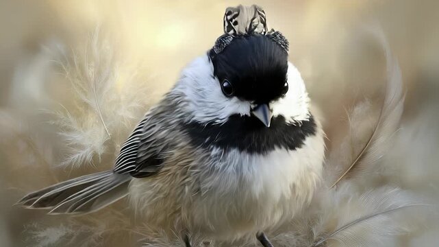 A small bird sits among soft feathers. The bird features a distinctive black and white pattern with a fluffy, rounded appearance.