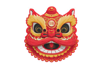 Obraz premium Festive red and gold lion dance mask signboard with cartoon face, bright eyes and decorative trim, attached to a rectangular plaque area for text with soft shadow isolated on transparent background