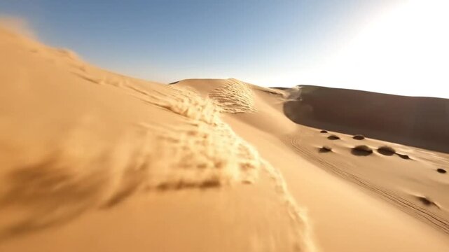 Drone view of golden desert sand dunes with blowing sand against a bright blue sky on a sunny day