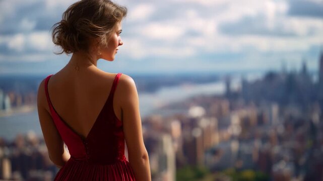 A woman in a stunning red dress gazes out at the breathtaking skyline, capturing a moment of reflection against the backdrop of a vibrant cityscape.