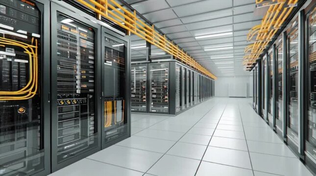 Long shot of a modern server room with rows of computer servers and yellow cables on a white tiled floor with a futuristic and technological mood.