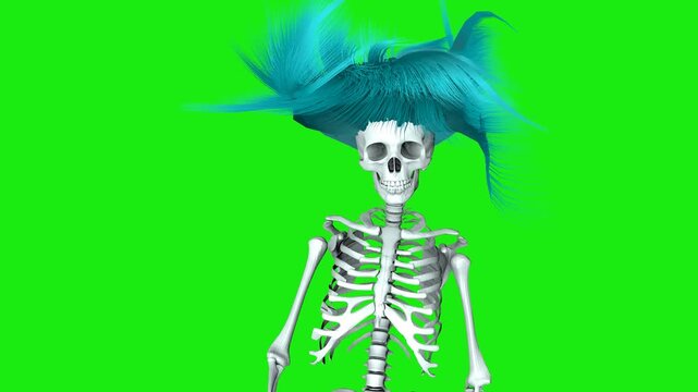 Skeleton walks toward the camera like a zombie with long turquoise light blue hair, spooky yet stylish 3D animation on a chroma key background for Halloween and creative visuals