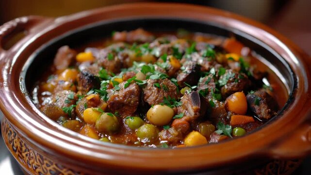 A delicious stew with chunks of meat, beans, peas, carrots, and spices served in a traditional clay pot.