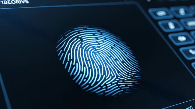 Fingerprint scan on digital screen with biometric authentication.