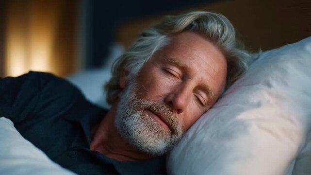 A Peaceful Elderly Man Sleeping Comfortably on a Soft Pillow in a Darkened Room, Exuding Calmness and Serenity While Immersed in His Dreams