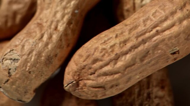 Overhead top-down view of several whole peanuts in their rough, textured shells spinning and rotating on a smooth dark surface. A dynamic, slightly blurred motion creates a sense of energy and natural