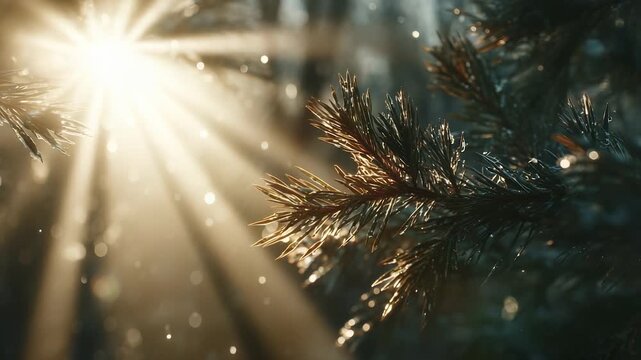 Sunlight filters through trees, illuminating the pine branches. The scene captures shimmering droplets on the pine, creating a serene atmosphere with delicate light.