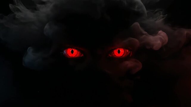 Mysterious red eyes glowing in the dark, a fierce creature is revealed in a chilling close-up video footage at night