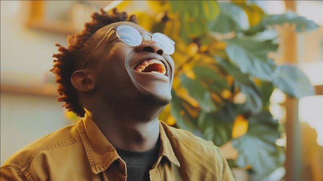 Young man with glasses smiling and enjoying himself.