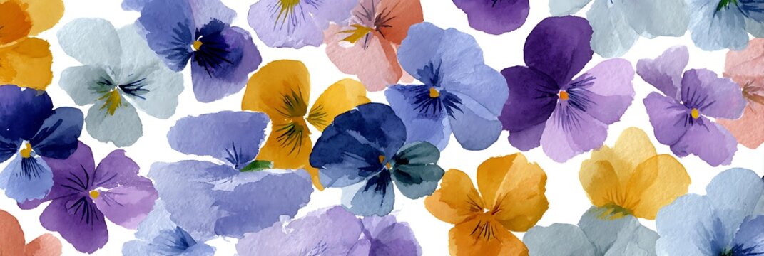 Watercolor pansy banner with purple, blue and yellow viola flowers. Horizontal floral composition isolated on white background. Botanical illustration for website header, banner, print design