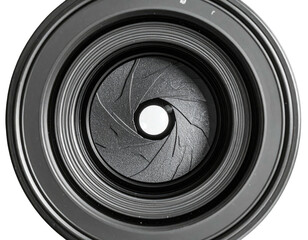 Close-up of a camera lens aperture, revealing internal blades and circular opening