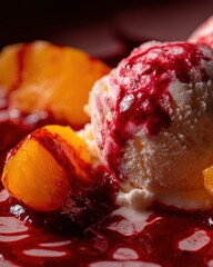 Close up of ice cream with peach and fruit sauce
