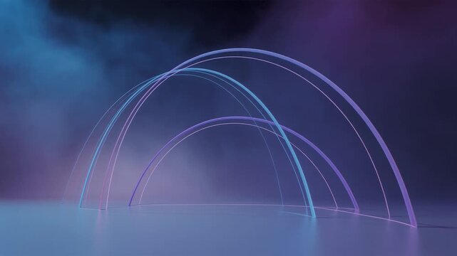 Thin dual tone arcs drifting radiant blue purple synchronously paired dance cinematic surreal ethereal ambience cascading softly glowing futuristic abstract unique style
