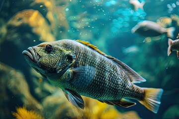 Close-up of fish swimming in aquarium with colorful underwater plants