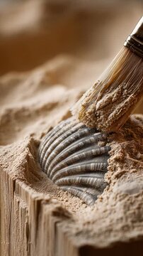 Brush carefully uncovers ancient shell fossil embedded in sandy soil