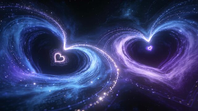 Twin gravity wells distorting space into subtle heart curves with glowing particle arcs and deep cosmic gradients forming an abstract astrophysical romance without people text or logos