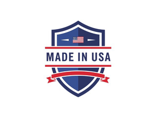 A shield emblem with a red ribbon and American flag symbolizing national pride and quality assurance