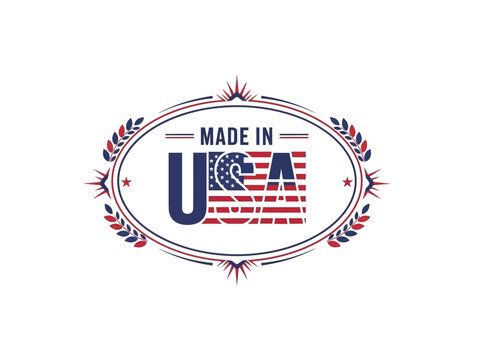 Patriotic emblem with Made in USA label, American flag design, and laurel wreath, symbolizing national pride and quality