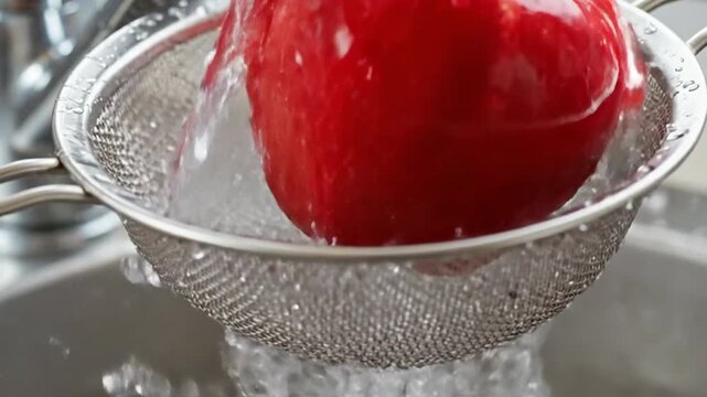 Close-up of a vibrant red apple being oughly washed under a stream of clean, running water in the kitchen.