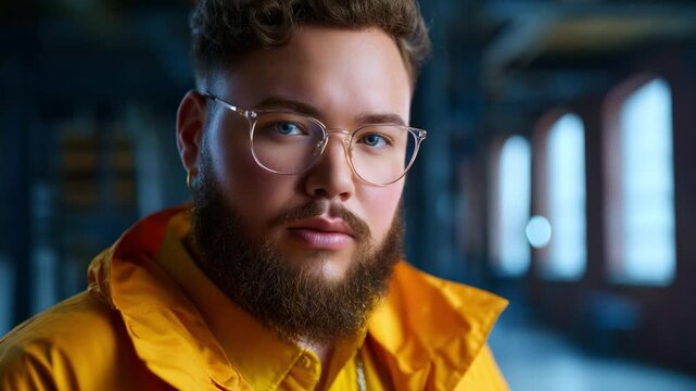A charismatic young man with glasses wearing a yellow jacket poses confidently, showcasing his style and personality in an elegantly lit urban setting.