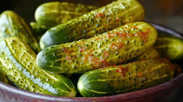 A bowl filled with green pickles is placed on a table. The pickles are arranged in a way that they are all visible and in a bowl. The pickles are of different sizes and are spread out across the bowl
