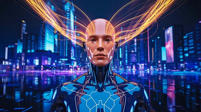Futuristic humanoid robot standing in neon city with artificial intelligence concept
