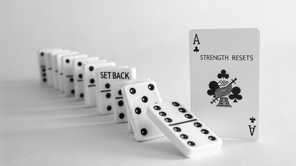 Fototapeta na wymiar Dominoes Toppling In A Row Next To A Card Showing Strength