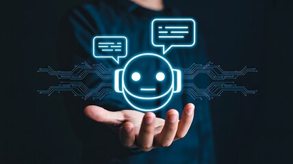 Futuristic Chatbot AI Interface Floating Above Human Hand with Digital Network Connections
