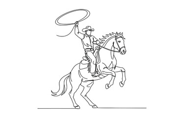 Fototapeta premium Continuous one line drawing cowboy throwing lasso riding rearing up horse.
